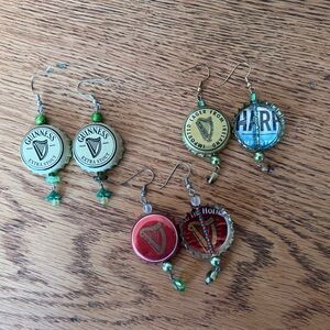 Set of 3 Irish Beer Cap Earrings - Guinness & Harp